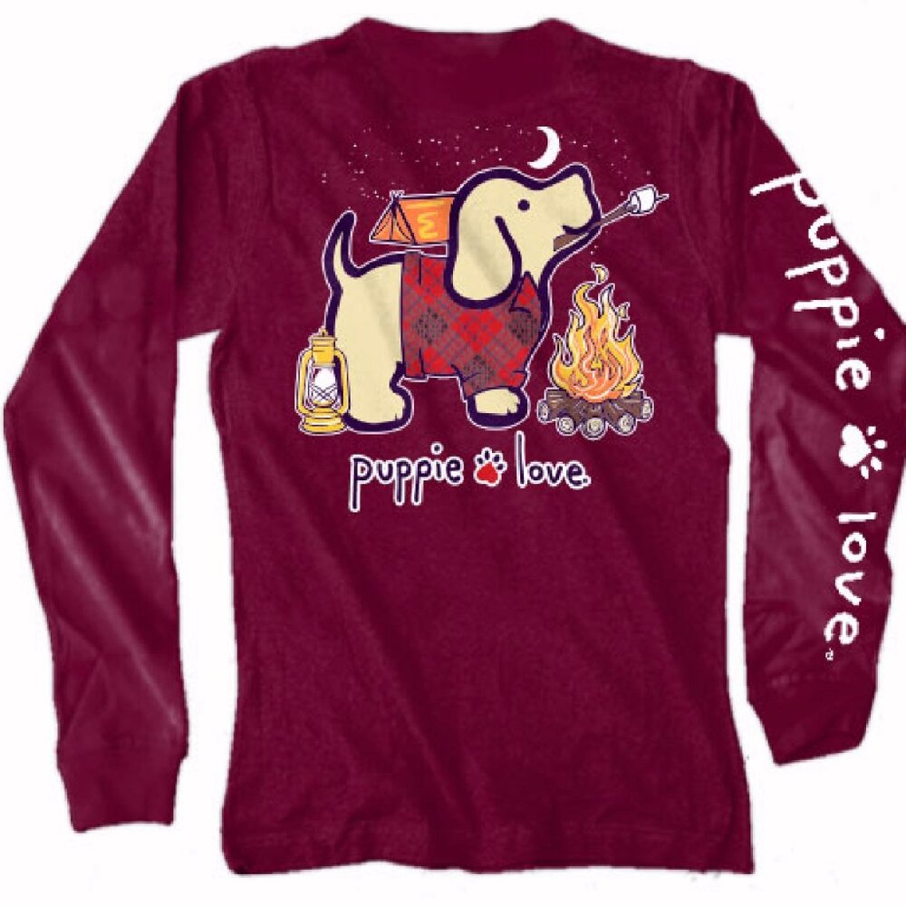 Puppie Love Dog Camping Pup and Toasted Marshmallows Long Sleeve - NEW Fast Ship